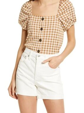 Madewell Brown Gingham Puff Sleeve Top Size M Cottagecore Button Front Blouse